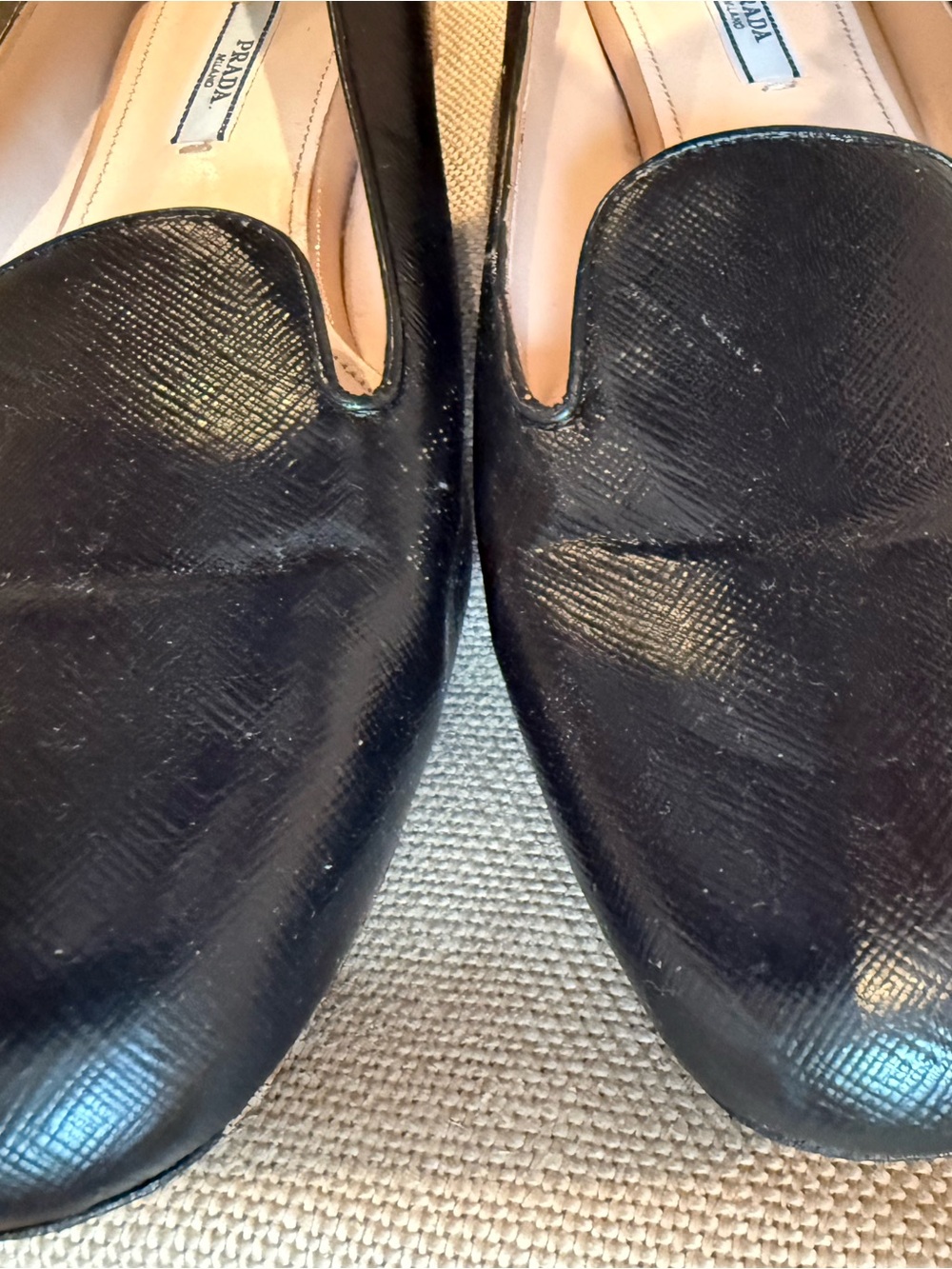 Prada Black Saffiano Leather Loafers with Gold Logo - Picture 2 of 5